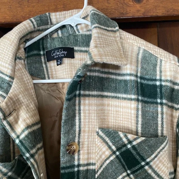 CoffeeShop Plaid Jacket in Green and Tan- Shacket (Shirt/Jacket) - Picture 2 of 6